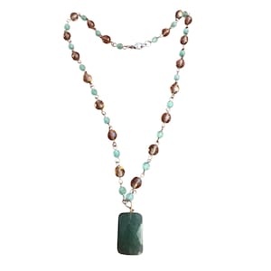 Vintage Silver Tone Bead Necklace Jade Pendant Glass Bead Boho Lobster Clasp 16&quot;