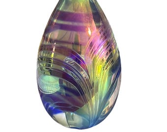 Pisapapeles vintage con forma de huevo iridiscente de Glass Eye Studio GES, 1996, azul y morado, 8,9 cm (3,5 pulgadas)