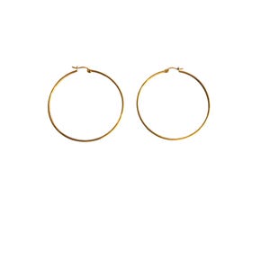 May include: A pair of gold-toned hoop earrings featuring a thin, circular wire design. Each earring has a simple, secure clasp mechanism at the top, creating a continuous, lightweight, and polished look for these classic jewelry pieces.