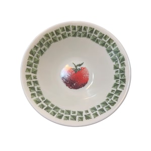 May include: A white ceramic bowl with a green and white mosaic pattern around the rim. A red tomato with green leaves is printed in the center of the bowl.