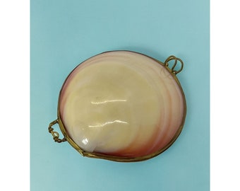 Vintage Capiz Mother of Pearl Shell Trinket Box Coin Purse Brass Rim Opens