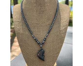 Hematite Gemstone Beaded Necklace With Carved Koi Fish Pendant Screw Barrel 17"