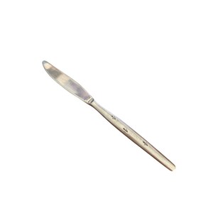 May include: A silver butter knife with a decorative design on the handle.