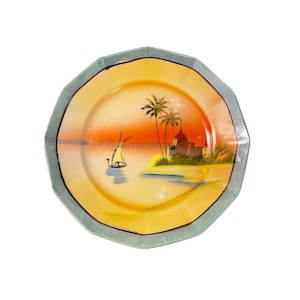 Vintage Luster Handpainted Porcelain Plate Peach Blue Takito T&T Boat Palm GUC