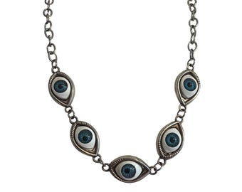 Vintage Silber Ton Evil Eye Halskette Blaue Glas Links Y2K Adj 18 "Einzigartig 25.24g