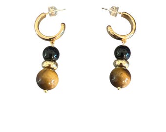 Vintage Gold Tone Tigers Eye Black Onyx Beaded Hoop Earrings Huggies Estate 1.5"