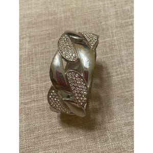 Fixed Chain Link Clamper Bracelet Bangle Silver Tone Clear Rhinestones 7"