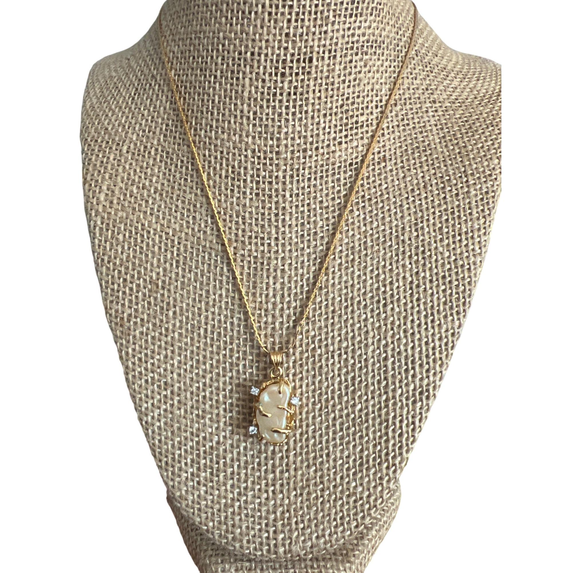 Vintage NS Nakagawa Gold Plated Necklace Pendant Pearl CZ Rhinestones 18" Chain