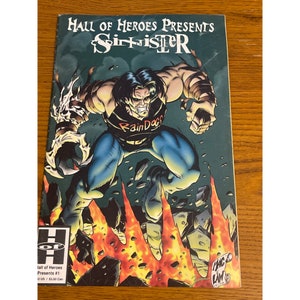 May include: Comic book cover featuring a muscular superhero with a fierce expression, wearing a black shirt with the words "Rain Dogs" printed on it, and blue pants. The background is a dark green with flames and rocks. The title of the comic is "Hall of Heroes Presents Sinister".