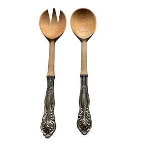 Vintage American Sterling Silver Wood Salad Set Spoon Fork 10&quot; long MCM