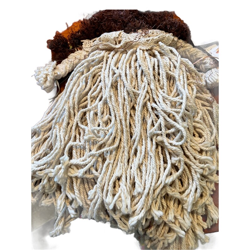 Vintage Mop Head Doll With Peach Roses Red Curly Hair Country Primitive