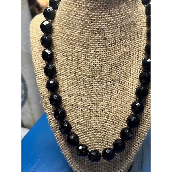 Vintage Black Faceted Glass Bead necklace Knotted between beads Spring clasp