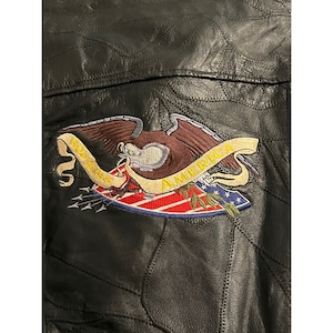 Vintage Black Leather Patchwork Jacket Biker Bomber Embroidered Eagle L