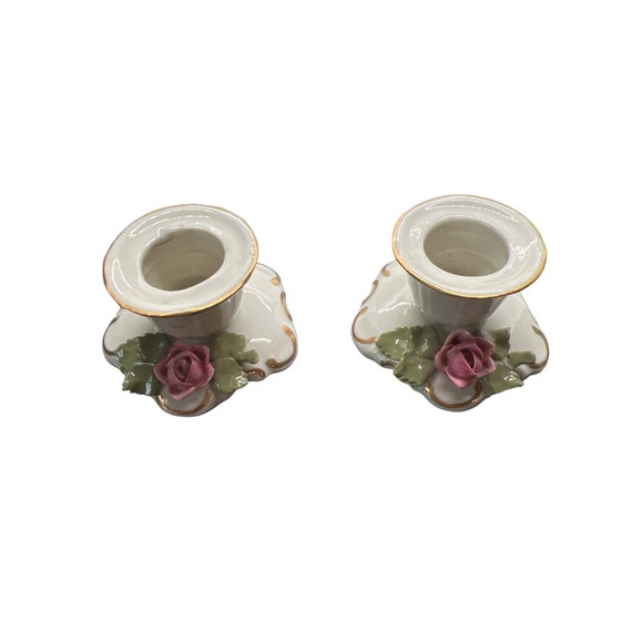 【美品】西ドイツ Dresden 陶磁器 バラ キャンドルスタンド ピンク 金彩 西ドイツ Dresden 陶磁器 バラ キャンドルスタンド ピンク 金彩
