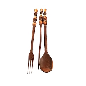 Vintage Handmade African Carved Wood Knife Fork Spoon Metal Wire Wrapped Neck 14&quot;