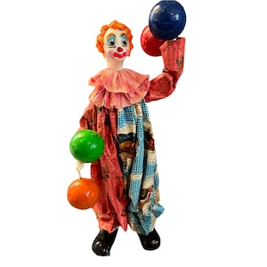 Vintage Pappmaché Clown Ballon Hanteln 10,5 &quot;hoch Volkskunst handgemalt
