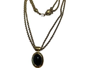 Vintage Monet Necklace 2 Strand 22K Gold Plated Black Acrylic Cabochon Adjustable 19"