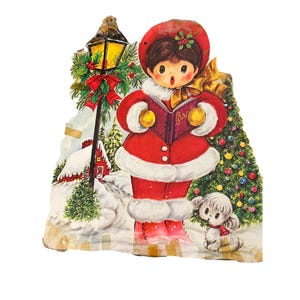 Vintage Christmas Caroler kartonnen uitsnede gestanst puppy hond boom lantaarn 15"