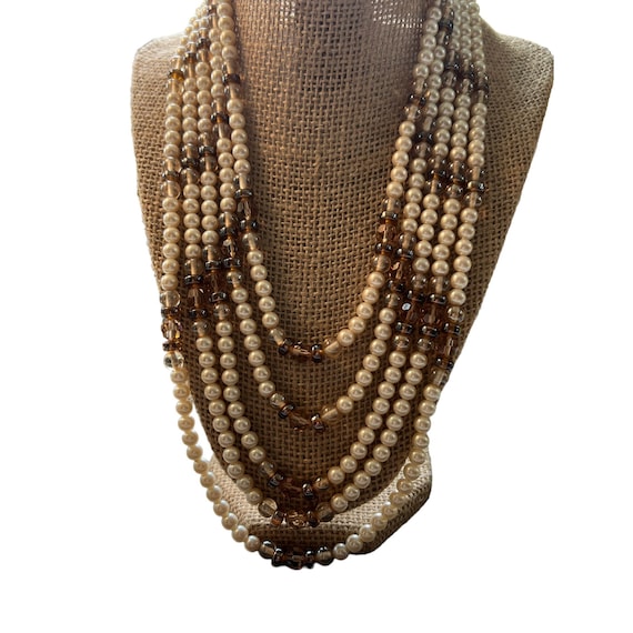 Vintage 5 Strand Faux Pearl Layered Necklace Stat… - image 1