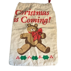 Vintage Christmas is Coming Drawstring Gift Bag Teddy Bear Holly Canvas