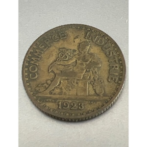 Antique 1923 French Bronze 1 Franc Coin Commerce Industrie Bronze