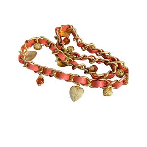 Vintage The Limited Gold Chain Link Belt Coral Leather Charms Hearts 37\