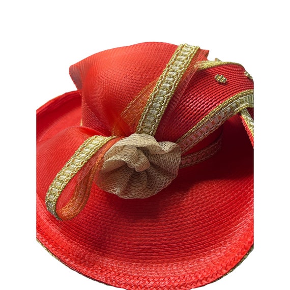 Vintage Juan Ell Red Straw Woven hat Gold trim Bo… - image 2