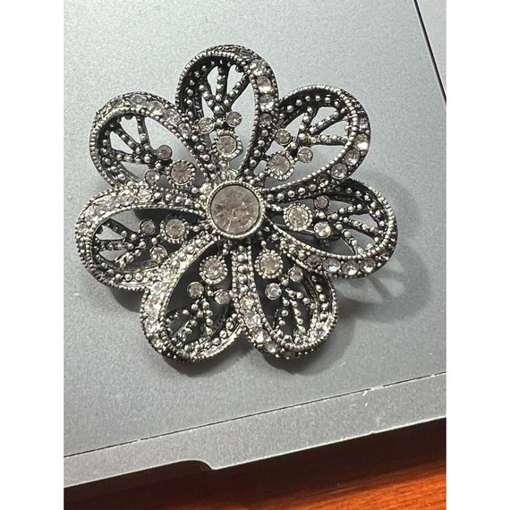 Vintage Premier Designs Flower Brooch Pin Silver Tone Crystals Open Work 2"
