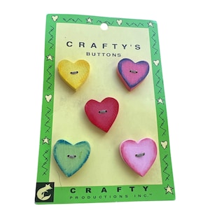 Vintage 2002 Craftys Heart Shaped Decorative Buttons Multi-Color Pack Of 5 Wood