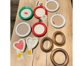 Lot 11 Vintage Craft Needlepoint Frames Ornaments Plastic Wood Circle Heart NEW