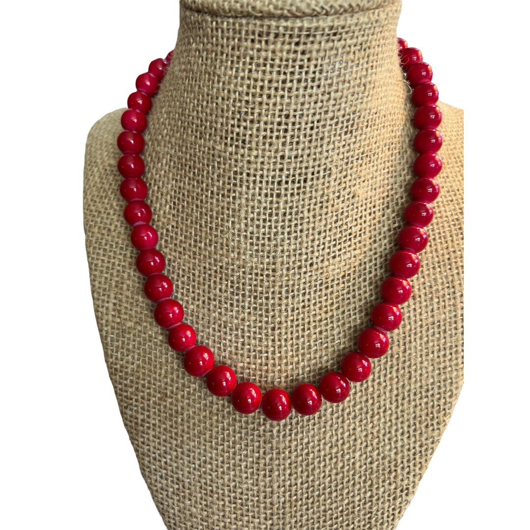 Vintage Teng Yue Red Glass Bead Necklace Snap Clasp 18 Etsy