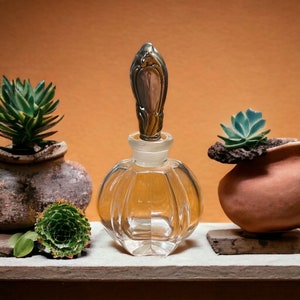 Vintage Glass Perfume Bottle Silverplate Glass Stopper 4.5&quot; tall Cut Glass