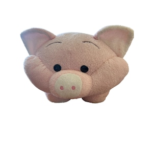 Pink Pig Plush Toy Embroidered Face Pom Pom Tail Fat 6&quot; Tall 9&quot; Wide