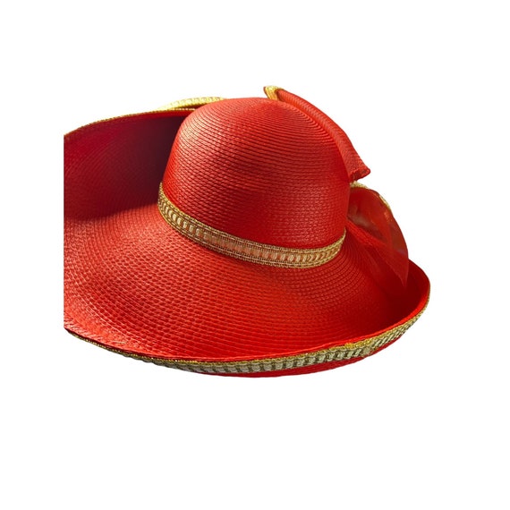 Vintage Juan Ell Red Straw Woven hat Gold trim Bo… - image 4