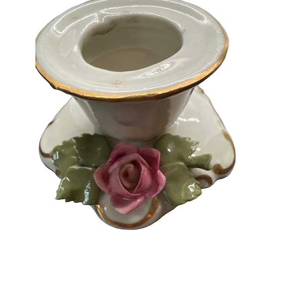 【美品】西ドイツ Dresden 陶磁器 バラ キャンドルスタンド ピンク 金彩 西ドイツ Dresden 陶磁器 バラ キャンドルスタンド ピンク 金彩