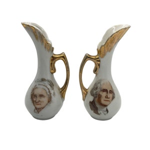 Vintage George & Martha Washington Portrait Bud Vases Pitchers Gold Trim Japan