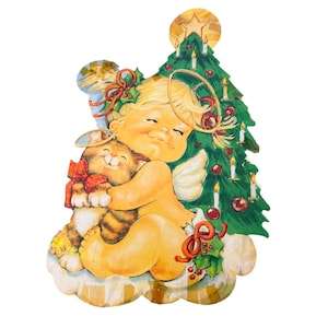 Vintage Eureka dubbelzijdig gestanst kerst engel baby kat kersthaar 17"