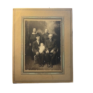 Vintage Family Portrait Picture Photo Grands Baby Banco de mimbre Cartón Plante