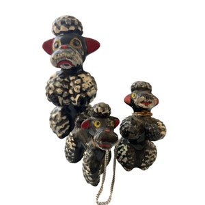 Vintage Japan 3 Stück Schwarzer Pudel Set 2 verbundene Kette Mama Welpen