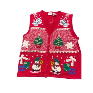 Vintage Bobbie Brooks Christmas Ugly Sweater Vest Red Holiday Embroidery Sz L