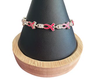 Bracelet vintage Avon NRQ cancer du sein avec ruban rose à maillons strass 7" Estate