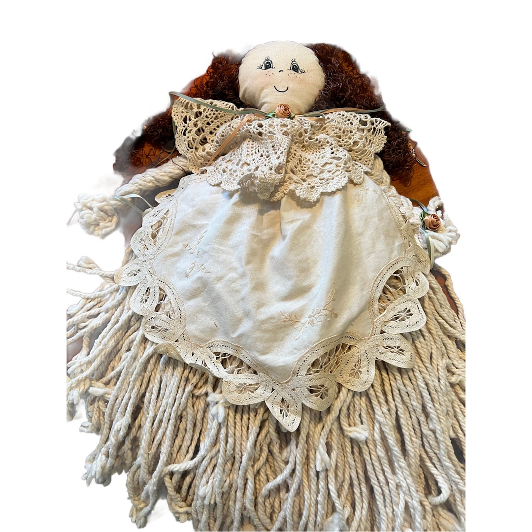 Vintage Mop Head Doll With Peach Roses Red Curly Hair Country Primitive