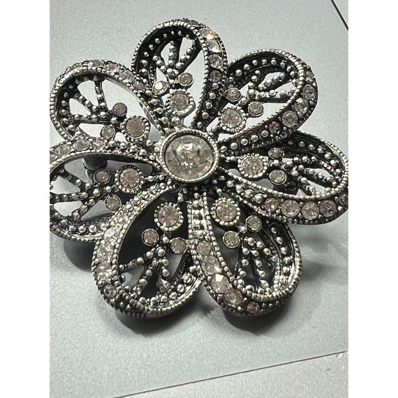 Vintage Premier Designs Flower Brooch Pin Silver Tone Crystals Open Work 2" View 2
