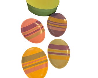 Dept 56 Set of 4 Ceramic Easter Egg Plates Green Box Stripes 8" x 6" Spring