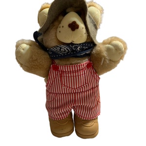 Vintage 1986 Furskins Dudley Teddy Bear Hat Bandana Overalls 7&quot; tall
