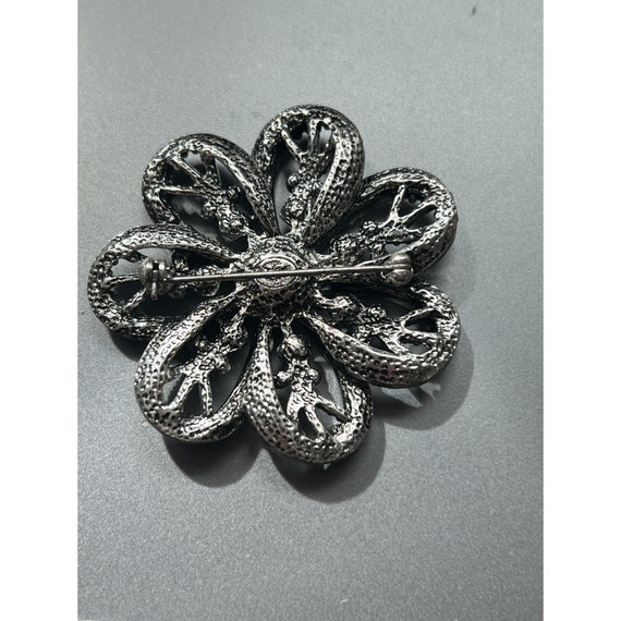 Vintage Premier Designs Flower Brooch Pin Silver Tone Crystals Open Work 2" View 4