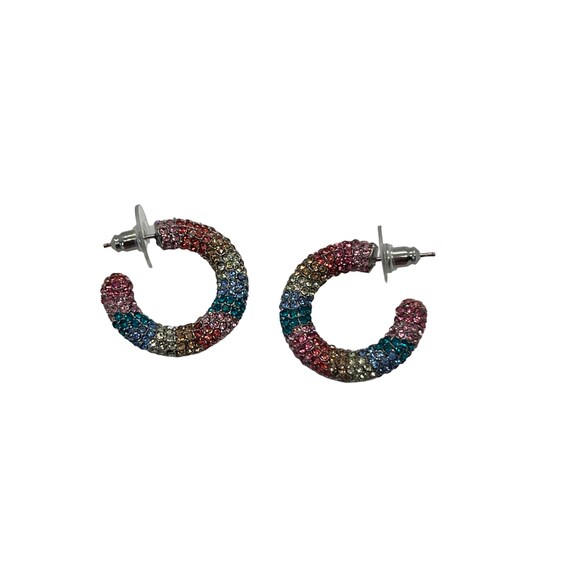 Sterling Silver Rainbow Pave Crystal Hoop Earrings 1" Pierced