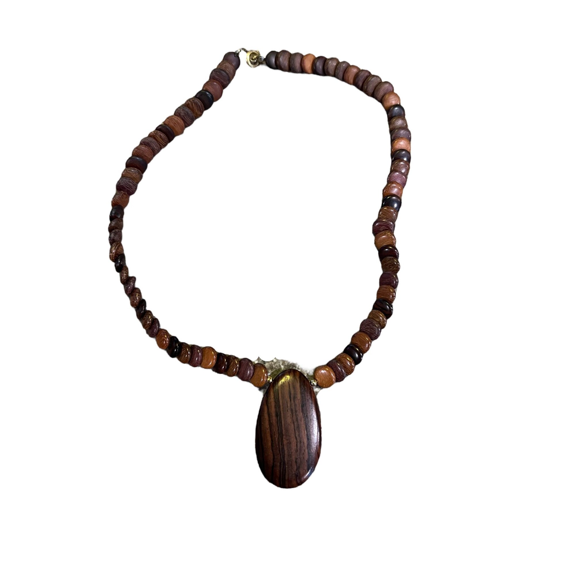 Vintage Polished Exotic Wood Necklace Disc Pendant Spring Clasp