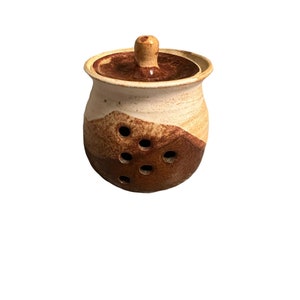 May include: A white and brown ceramic garlic keeper with a lid and holes for ventilation.