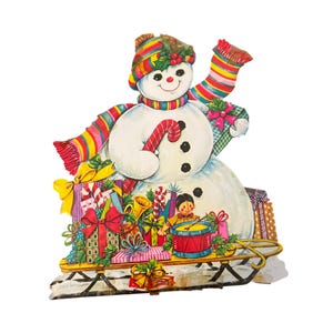 Muñeco de nieve navideño vintage de cartón troquelado, regalo, trineo, bastón de caramelo